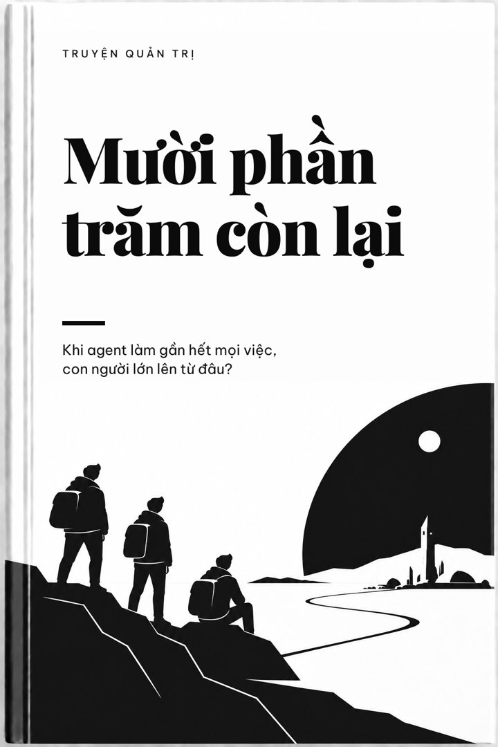 Bìa sách Mười phần trăm còn lại: ba người đứng trên mỏm đá nhìn về ngọn hải đăng bên bờ sông